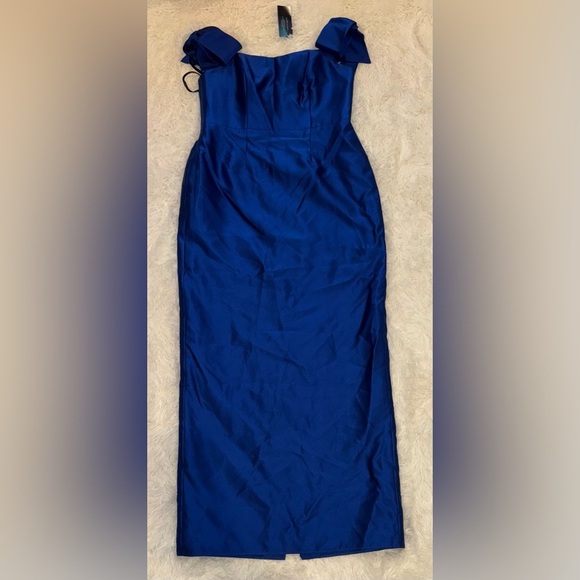 NEW Alfred Sung Bow Basque neck Off the Shoulder Satin Column Blue Gown Sz 14 - Picture 3 of 8